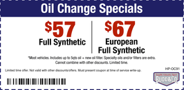 Oil Change Specials $57 Full Synthetic $67 European Full Synthetic