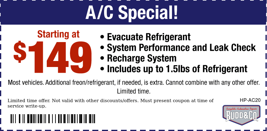 $149 A/C Special Evac. Refrigerant/Performance Chk/Recharge