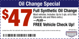 Oil Change $47 Full Synthetic + Free Vehicle Check Up