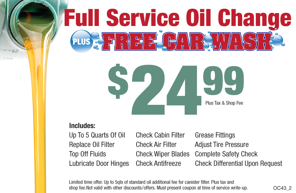 Full Service Oil Change +FREE Car Wash $24.99