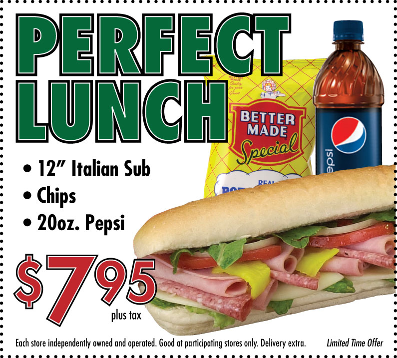 Perfect Lunch $7.95 12" Sub, Chips and Pop