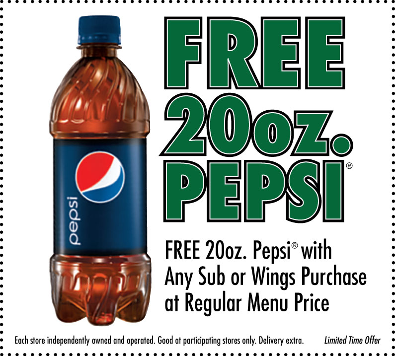 FREE 20oz. Pepsi W/Purchase of any Sub or Wings (Reg Menu Price)