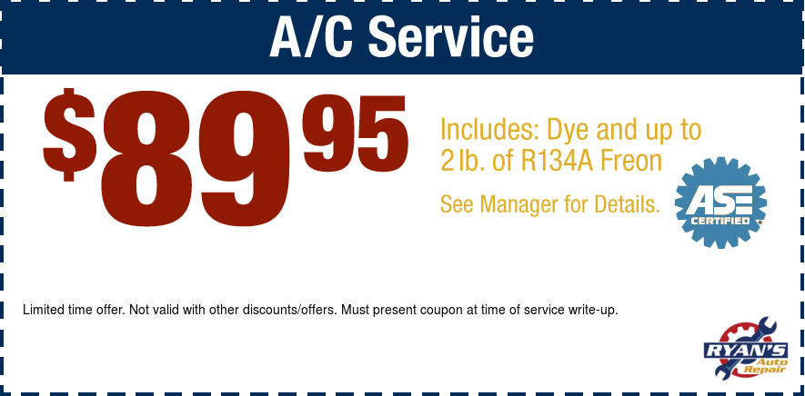 A/C Service $89.95 Incl: Dye & Up to 2lbs of R134A Freon