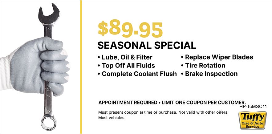 $89.95 Seasonal Special Oil Change, Coolant Flush, Wiper Blades, Rotation and Brake Inspect