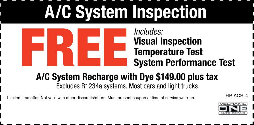 A/C System Inspection FREE Recharge W/Dye $149