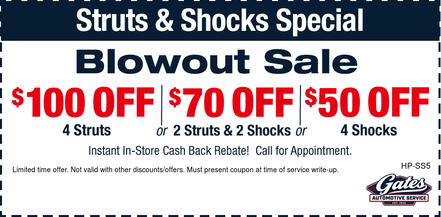 Shock And Strut Blowout Sale, $100 Off, $70 Off, $50 Off