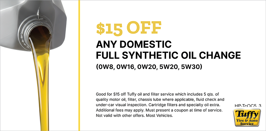 $15 OFF Any Domestic Full Synthetic Oil Chage