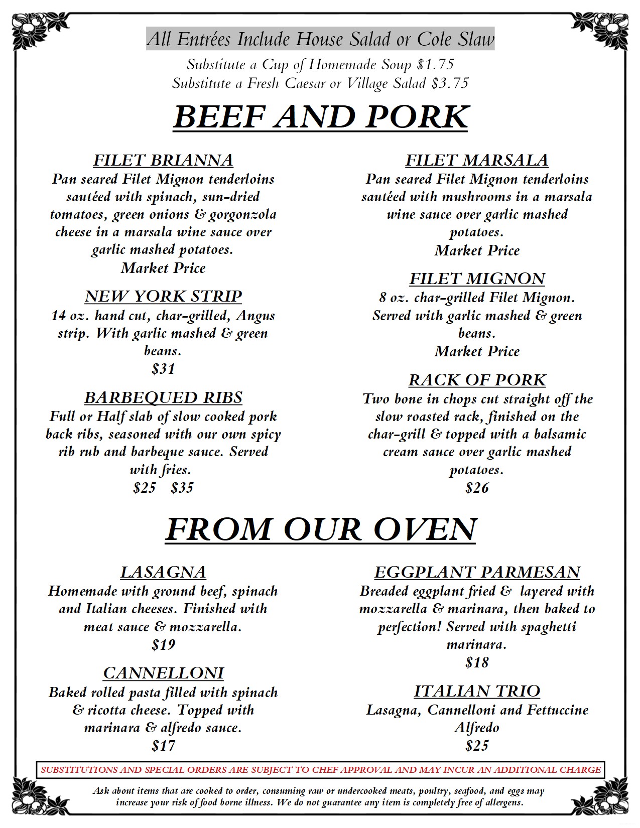Beef and Pork Menu