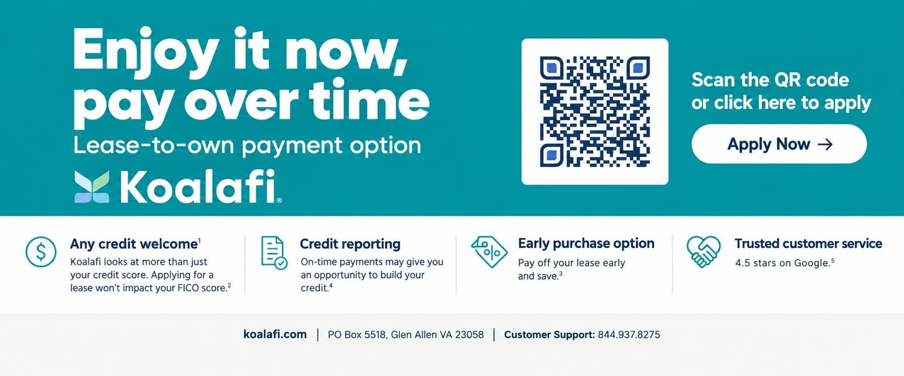 Koalafi lease-to-own payment option—scan the QR code or click to apply.